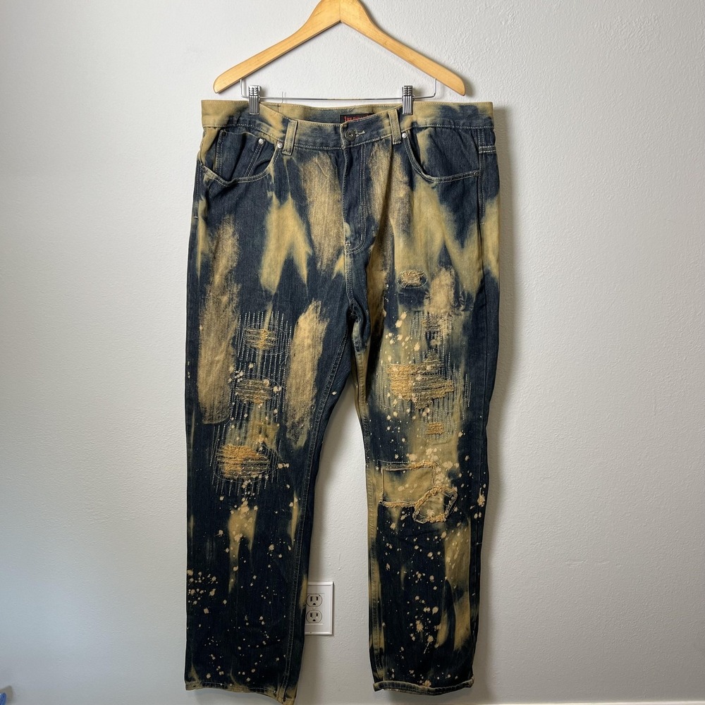 Lion Dynasty Jeans Mens 40 Distressed Patchwork Rugged Streetwear Pants 40x30